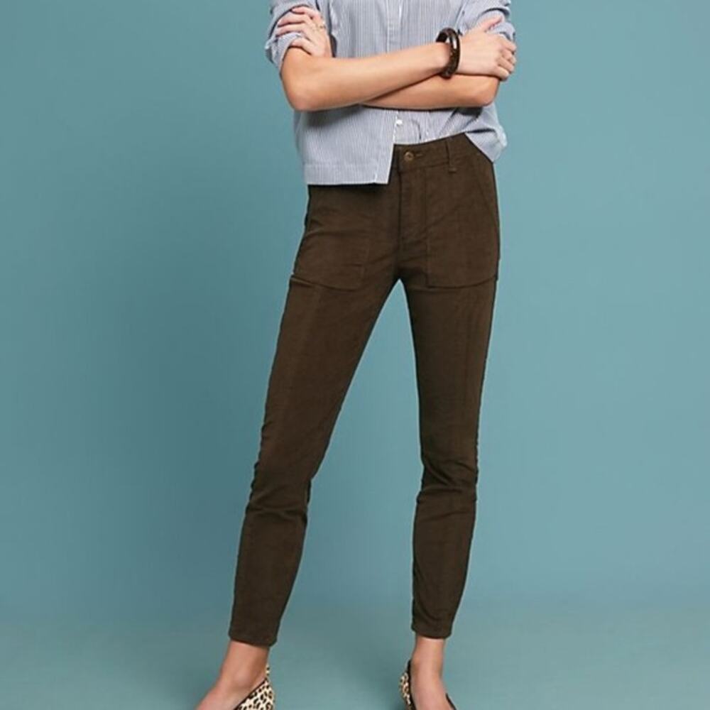 By Anthropologie Dark Brown Velvet Corduroy Mid Rise Slim Skinny Utility Pants